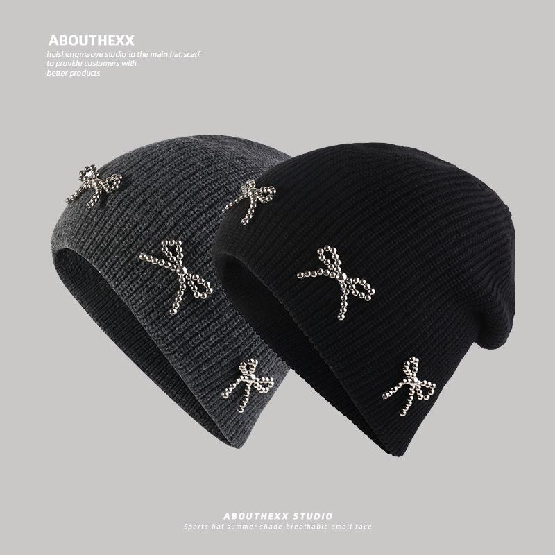 Korean Niche Hat Women's Bow Knitted Woolen Hat Autumn and Winter High End Cold Hat Warm and Versatile Ear Protection Hat Trend