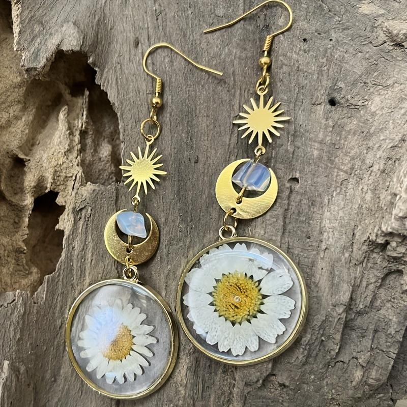 Soare auriu, lună, cu imprimeu de flori de margarete, cercei suspendați, drăguț, stil elegant, bijuterii din aliaj, cadou pentru femei la modă