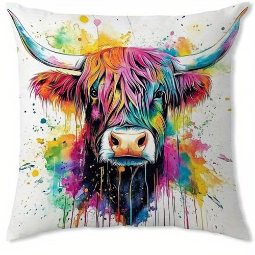 Home Decor Colorful Highland Cow Pillow Covers with Splashes Pattern Cushion Cover Suitable for Sofa Bedroom Car Pillow Cover