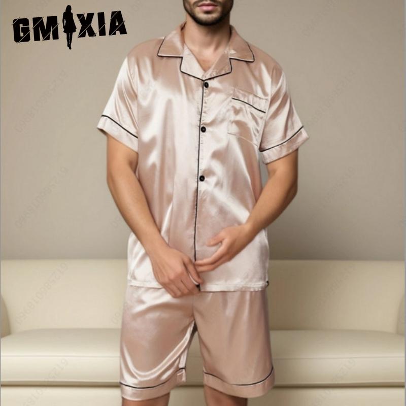 

GMXIA Домашняя одежда больших размеров, мужские длинные рукава, длинные брюки, атласный пижамный комплект из двух предметов, домашняя одежда XL шампанского