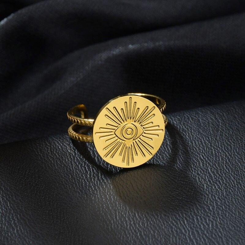 High Quality Golden Stainless Steel Women Rings Retro Eye Jewelry Adjustable Rings Couple Bridal Party Event Wedding Occasion RingsVintage Finger Ring