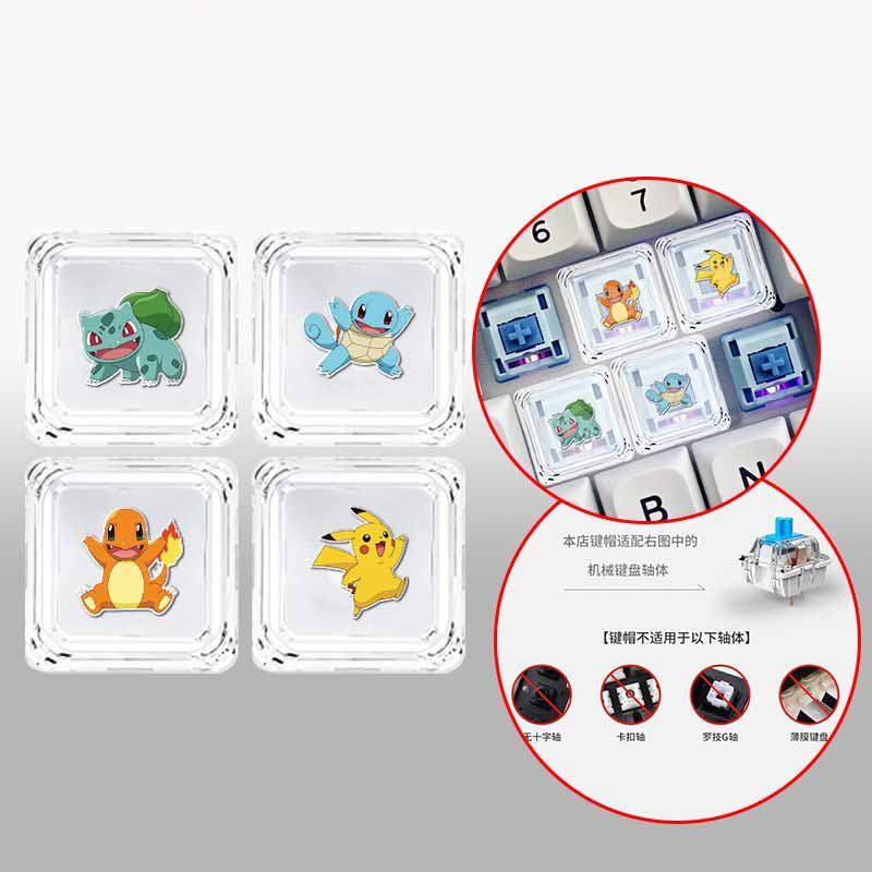 4pcs Pokémon Cartoon Square Transparent PC Keycap Wear-resistant Cross-axis Mechanical Keyboard Keycap with Custom Patterns