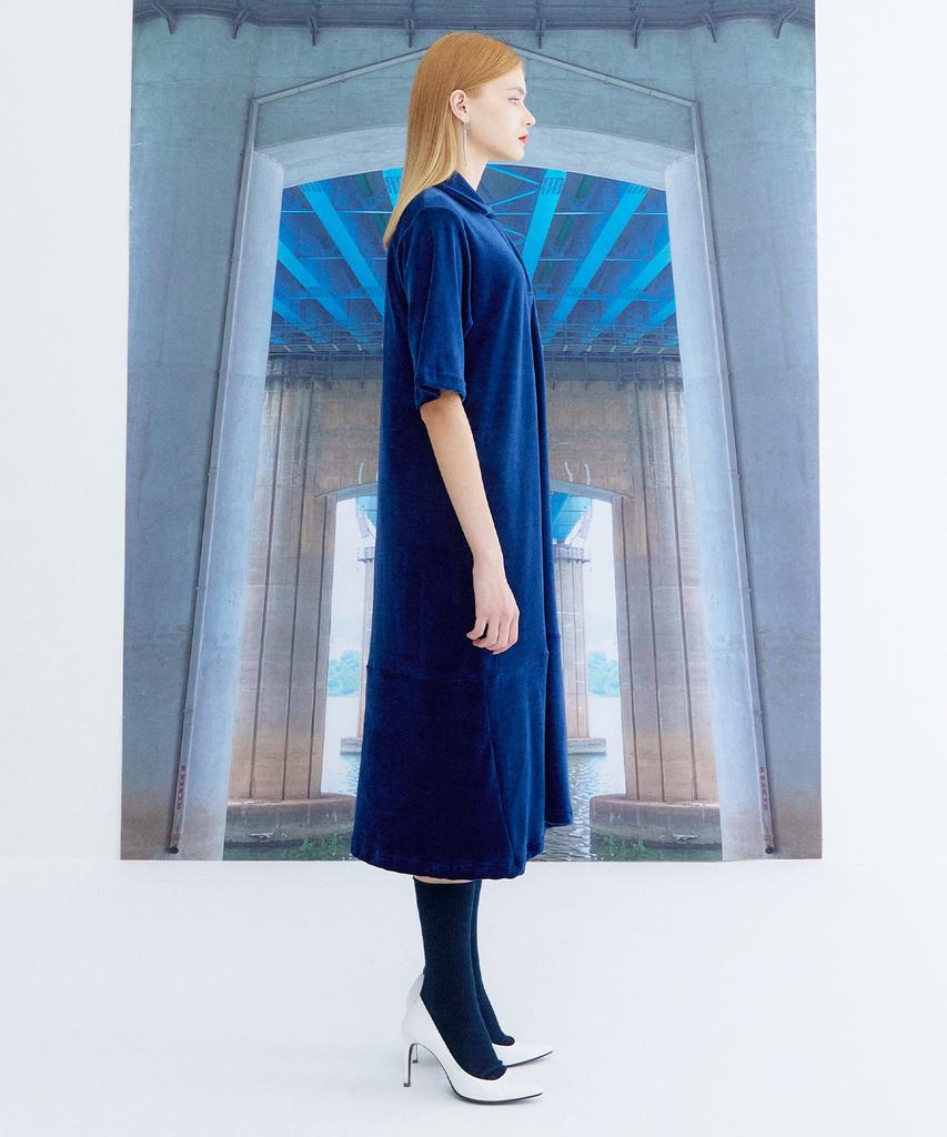 THE STUDIO K Asymmetrical Velour Dress_Navy