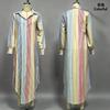 New European and American lazy style color vertical striped lapel neck long sleeve split fork medium and long shirt dress