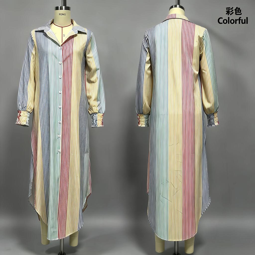 New European and American lazy style color vertical striped lapel neck long sleeve split fork medium and long shirt dress