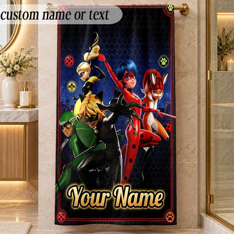 Beach TowelMiraculous Ladybug Custom Name Text Personalized Soft Towel for Beach Pool Indoor Home Decor Gift