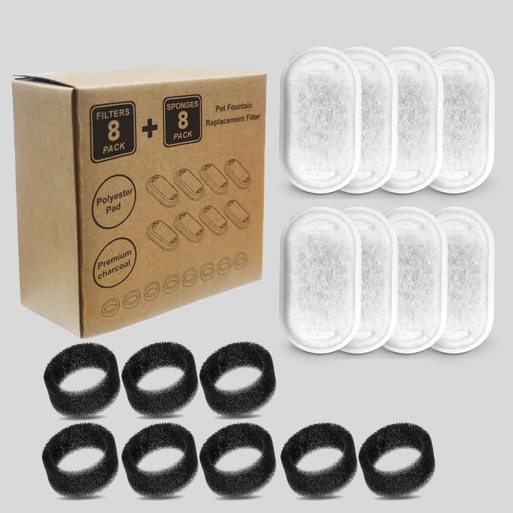 Cat Water Fountain Filters, Compatible with Stainless Steel Pet Fountain 8 Filters with 8 Sponges Replacement Filters for Cat Fountain (8 Filters& 8