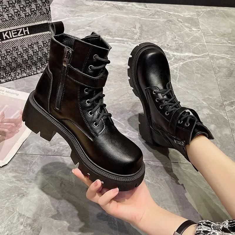 Women Boots  New Autumn/Winter British Style Motorcycle Boots Thick Bottom Lace Up Zipper Buckle Retro Large 43 Short Boots