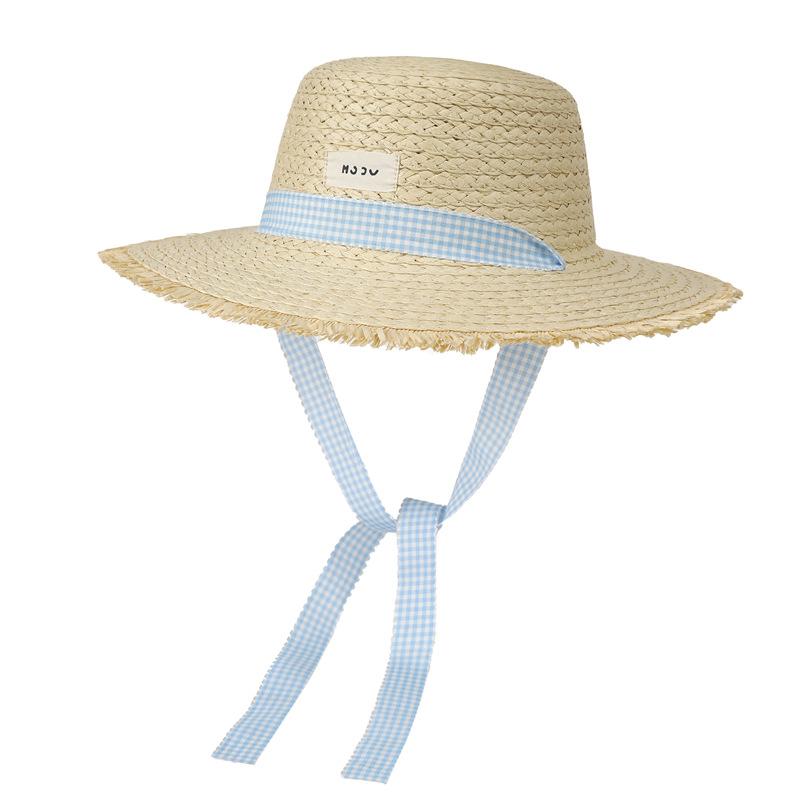 

Blue Strap Straw Hat Female Summer Seaside Photo Vacation Versatile Sun Hat Sun Protection Beach Hat M（56-58cm） бежевий