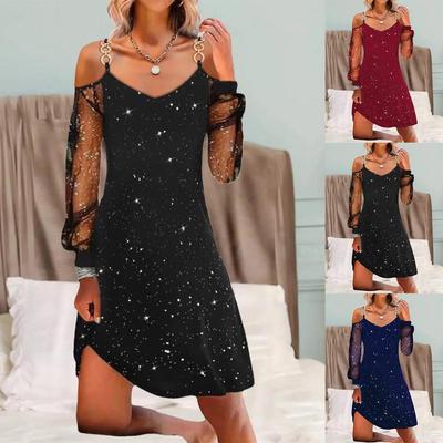 2023 Damen V-Ausschnitt Print Gespleißtes Mesh-Kleid