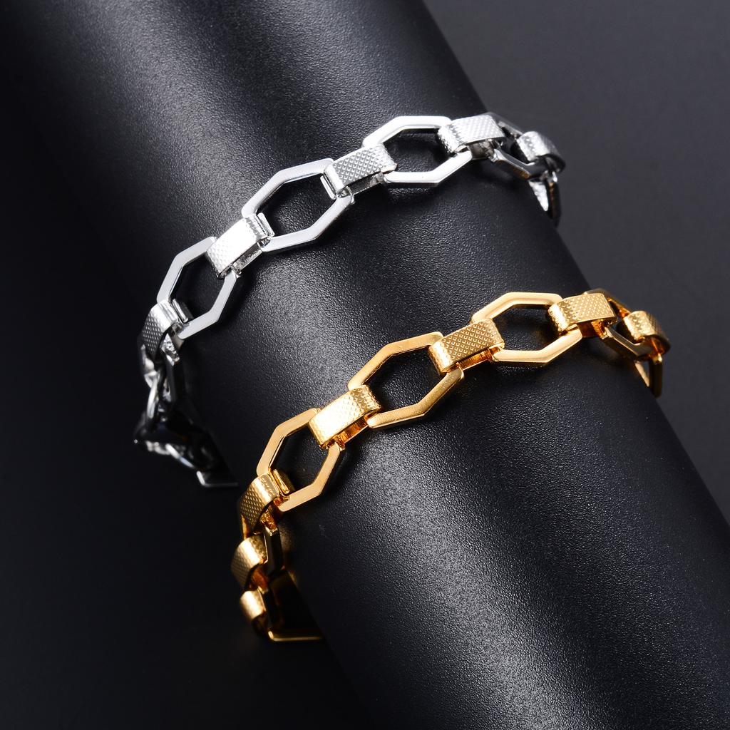 Geometric Stainless Steel Handmade Bracelet Link Hand Hexagon Chain for Women Men Punk Rock Boy Wristband Anklets Metal Jewelry