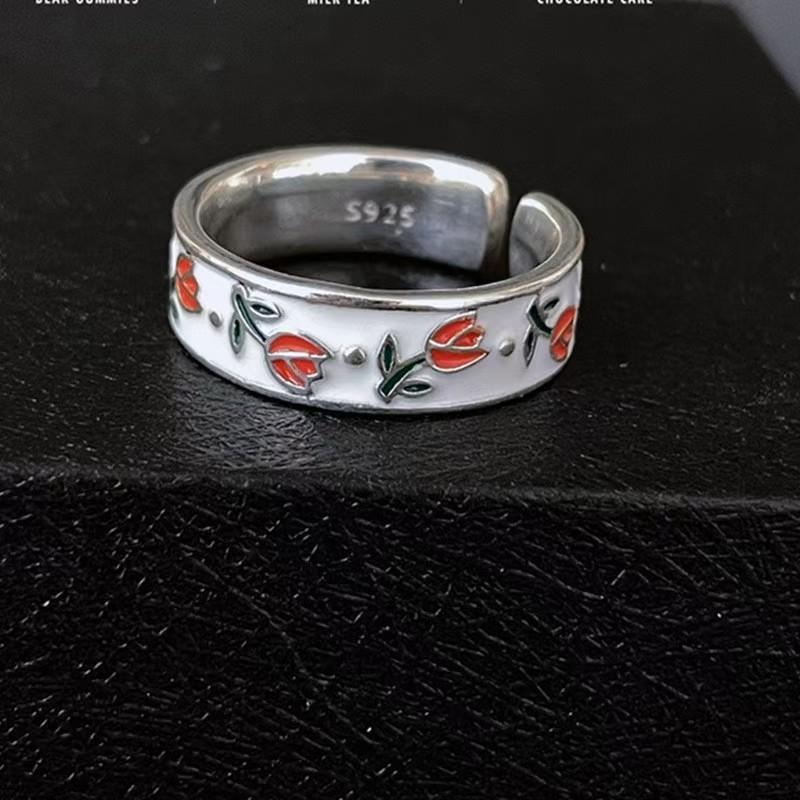 French Style Retro Geometric Flower Print Opening Rings for Women Fashion Personalized Artistic Adjustable Rings Jewelry Gifts