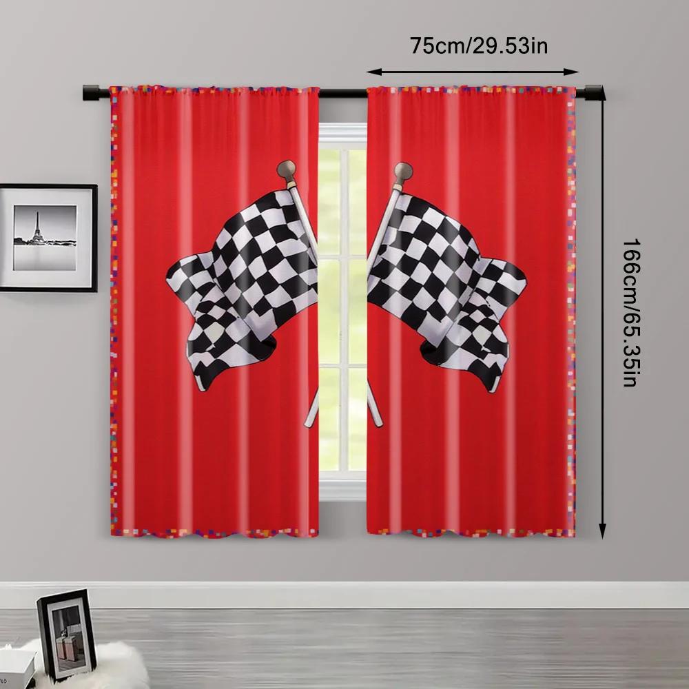 2pcs   Curtains Roller Blinds Race Flag Checkered Versatile Polyester (without rod) Decorations For Home Ldeal for Living Room
