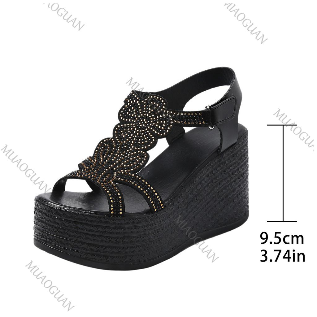 Fashion Thick Bottom Wedges Roman Sandals Women New Rhinestone High Heel Open Toe Big Size Sandales Casual Black Summer Gladiator Sandal