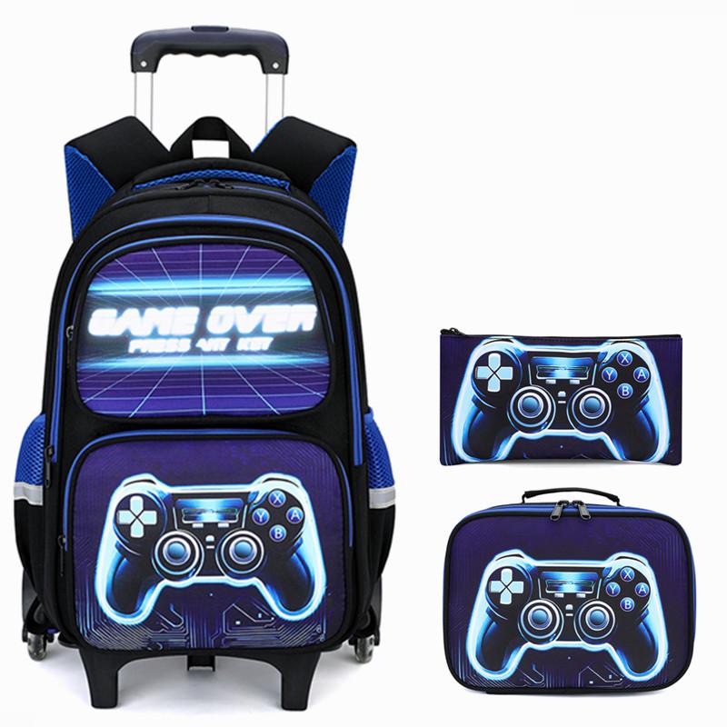 2025 Upgraded Kids Rolling Backpack with Game Console School Bag for Students Lightweight Blue