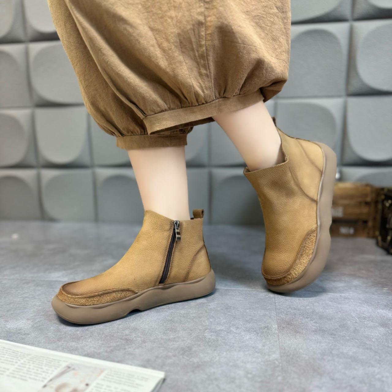 

Осенне-зимние новые короткие ботинки женские ретро ручной работы кожаные ботинки Мартин на плоской подошве удобные на боковой молнии женские ботинки 35 хаки