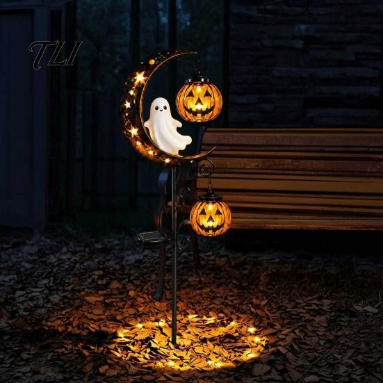 Glowing Pumpkin Landscape Lights Solar Halloween White Ghost Moon Garden Stake Light, Waterproof LED Automatic Powered Lamps Yard Decoration,