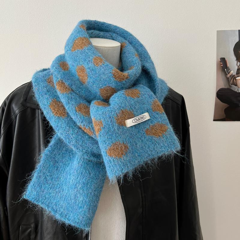 Korean Style Polka Dot Plush Knitted Scarf Soft Thick Color-Block Scarf Thermal Windproof Neck Warmer Scarves