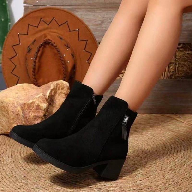 New Cow Suede Booties Fashion Round Toe Side Zipper Rhinestone Buckle Soft Sole Non-slip Wear-resistant Block Heel Shoes