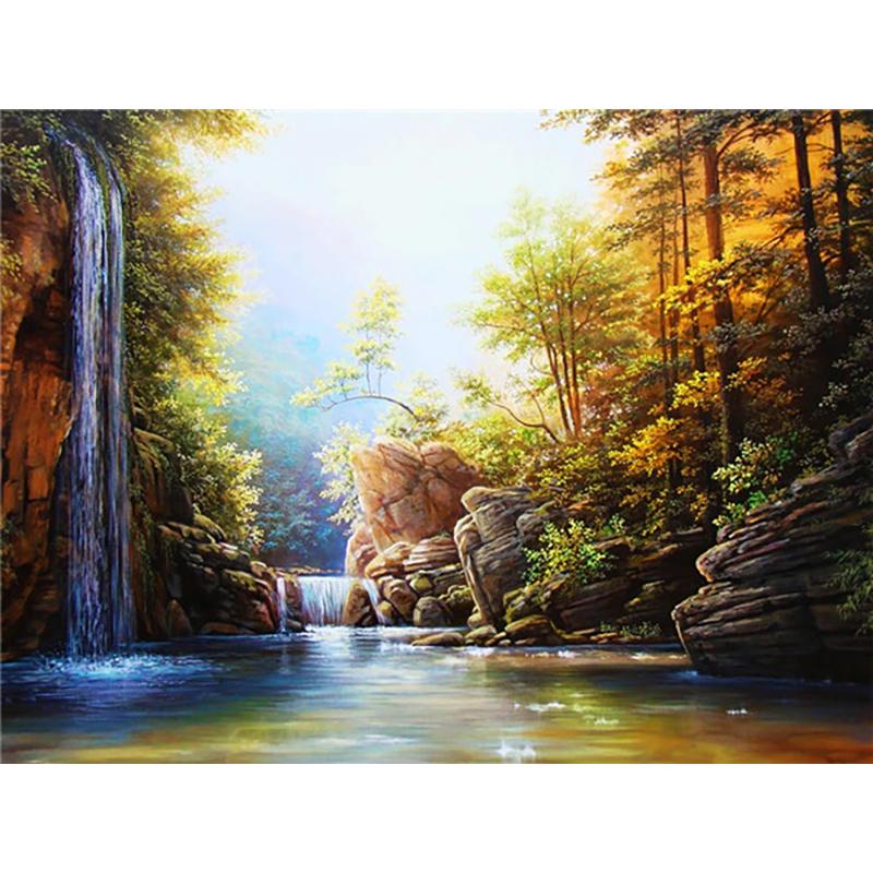 5D Diy Waterfall Diamond Painting Kit Celá kulatá vrtačka Krajina Diamantové vyšívání Mozaika Umělecké křížové stehy Domácí dekorace