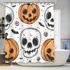 Halloween-themed Bathroom Decor Featuring Pumpkins, Skulls, Bats, Basketballs, and Spooky Designs On a White Shower Curtain with