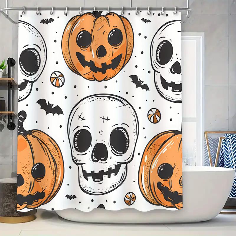 

Halloween-Themed Bathroom Decor Featuring Pumpkins, Skulls, Bats, Basketballs, And Spooky Designs On A White Shower Curtain With W60H190(CM)-1 Pcs