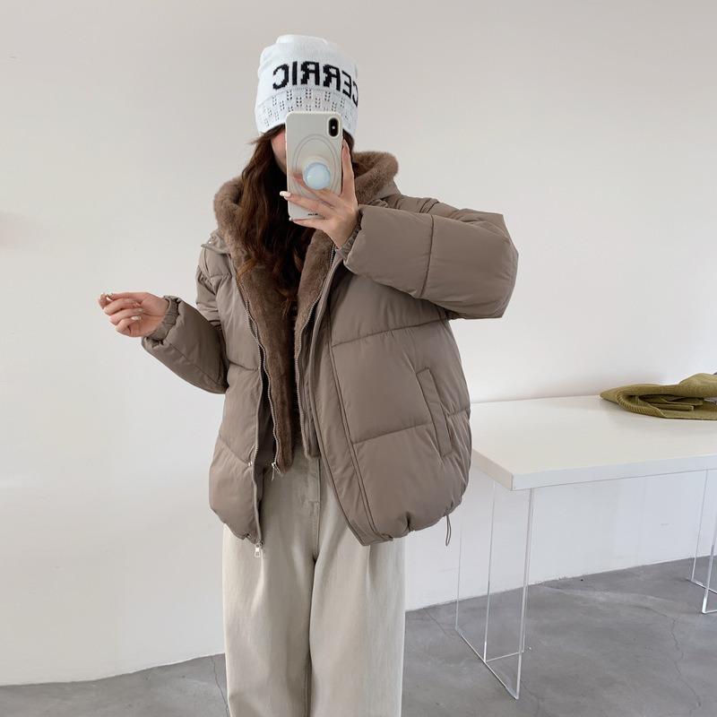 Stand-up collar women's cotton-padded jacket solid color loose velvet thickened hooded trendy fashion student women's bread cotton-padded jacket