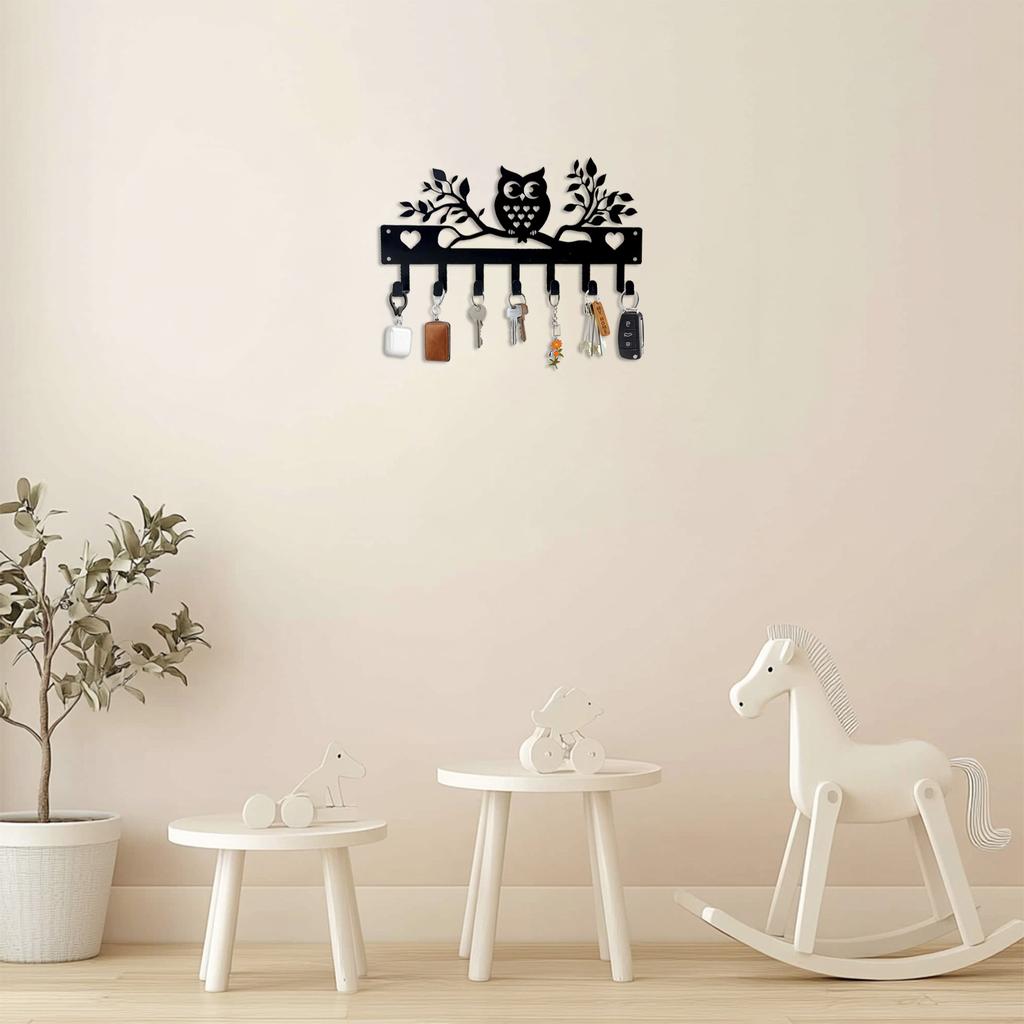 Metal Owl Wall Hook Rack with Seven Hooks for Keys Towels and Small Items Hanging Over Door Storage Organizer