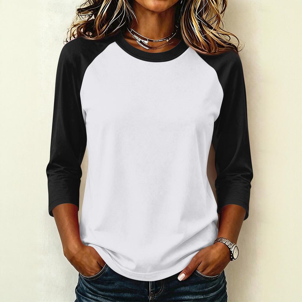 Women's Casual Color Block Pullover T-Shirt, Raglan 3/4 Sleeve, Round Neck, Lightweight Top for Summer, Spring, and Fall