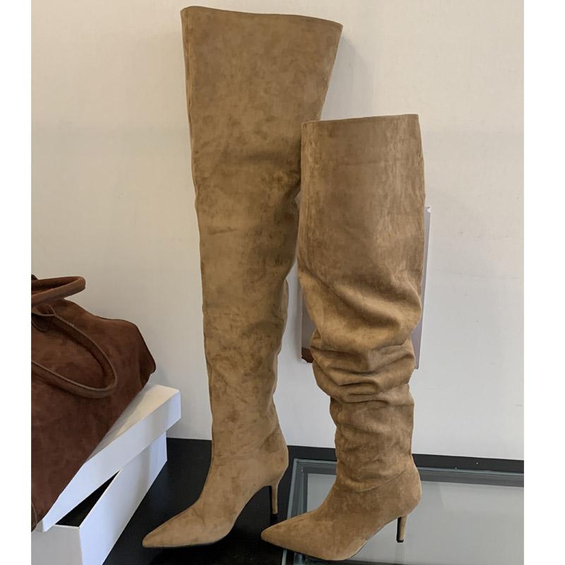 Zimní móda Plisované špičaté dámské kozačky nad koleno Dlouhé motorkářské kotníkové boty Sexy tenké vysoké podpatky Boty