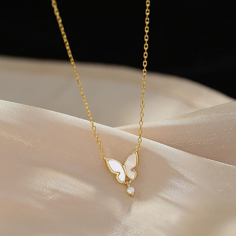 Flash Diamond Water Drop Round Bead Fringed Pendant Neck Chain Collarbone Chain Femininity Design Shell Butterfly Necklace