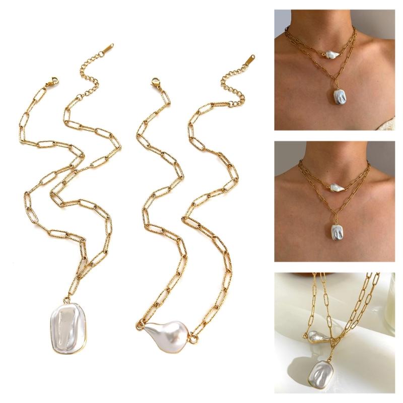 Elegant Double Layer Baroque Pearls Necklace Stainless Steel Adjustable Chain Everyday Jewelry Accessory Gift