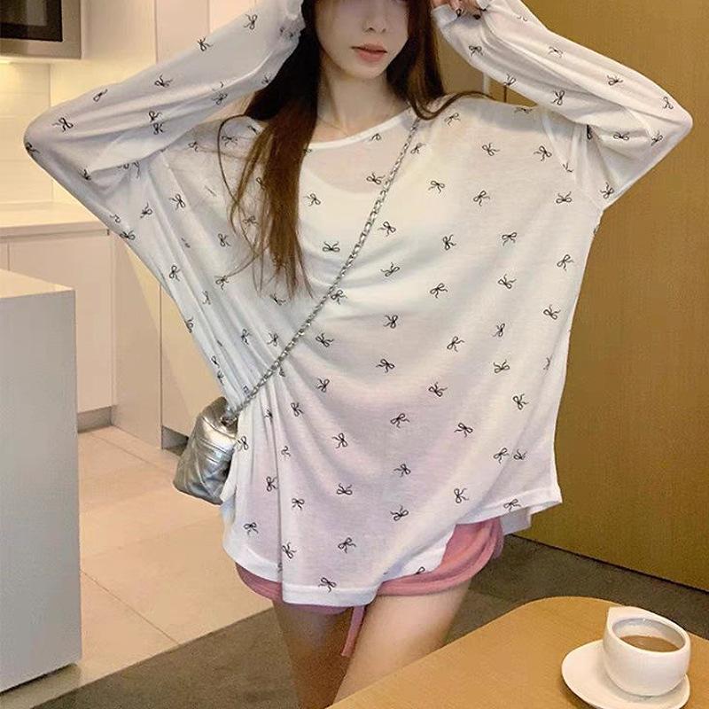 

Женская футболка с длинным рукавом с принтом банта, в ленивом стиле, летняя, свободная, тонкая, прозрачная, для защиты от солнца, накидка One Size