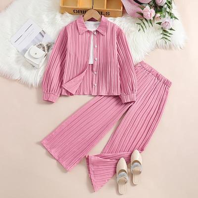 Mädchen Frühling und Sommer einfarbig Revers Langarmhemd und Hose Casual Anzug