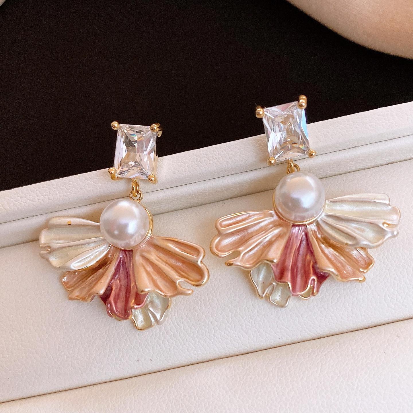 18k real gold electroplated zircon spray paint fan pearl earrings stud earrings personalized earrings women