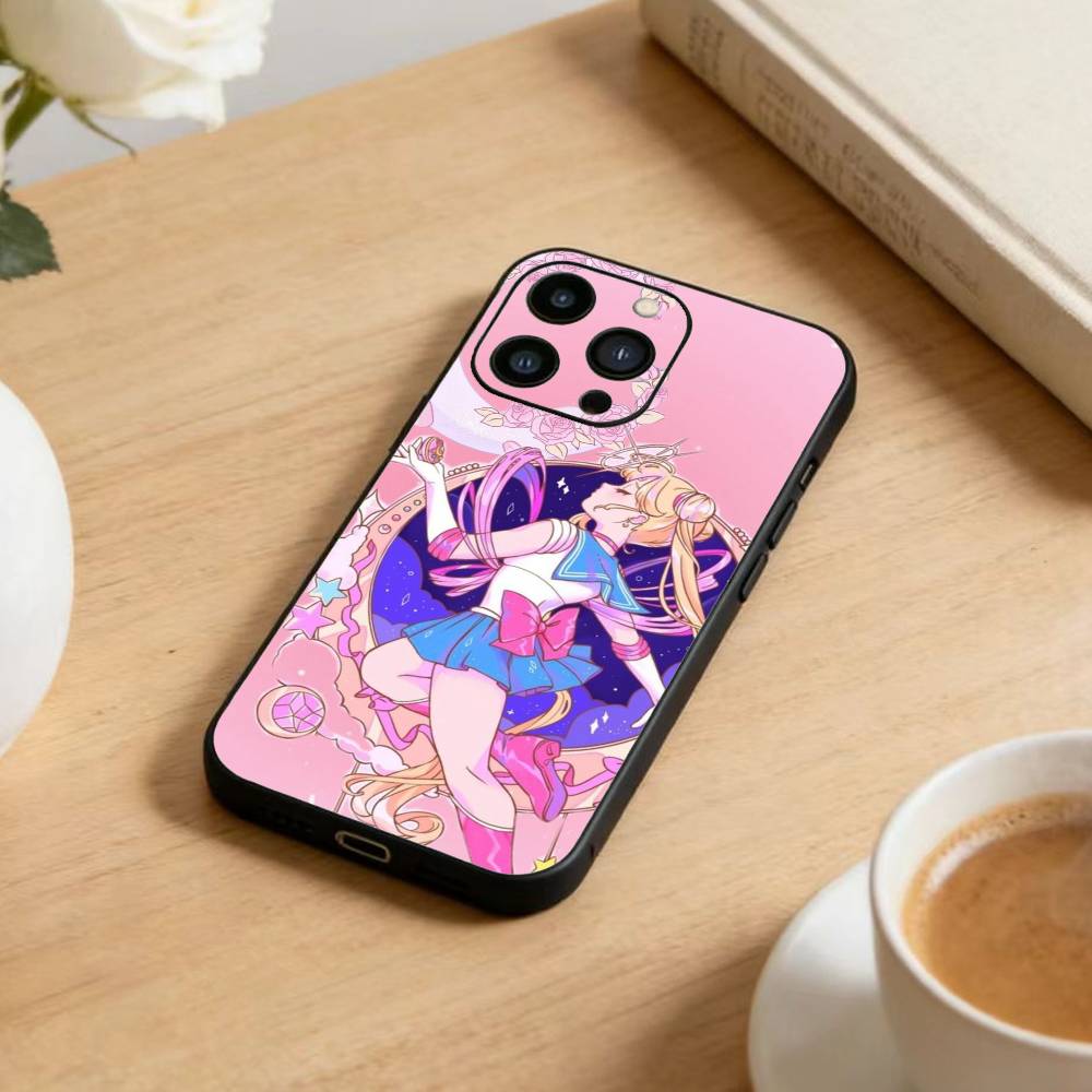 Cartoon E-Sailor M-Moons Phone Case For iPhone17,16,15,14,13,12 Plus,Max Soft Silicone Black Cover