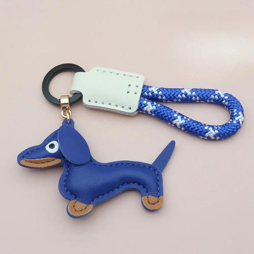 Custom Number Sausage Dog Leather Keychain Pendant Personalized Cartoon Keyring with Braid Rope Bag Car Key Ring