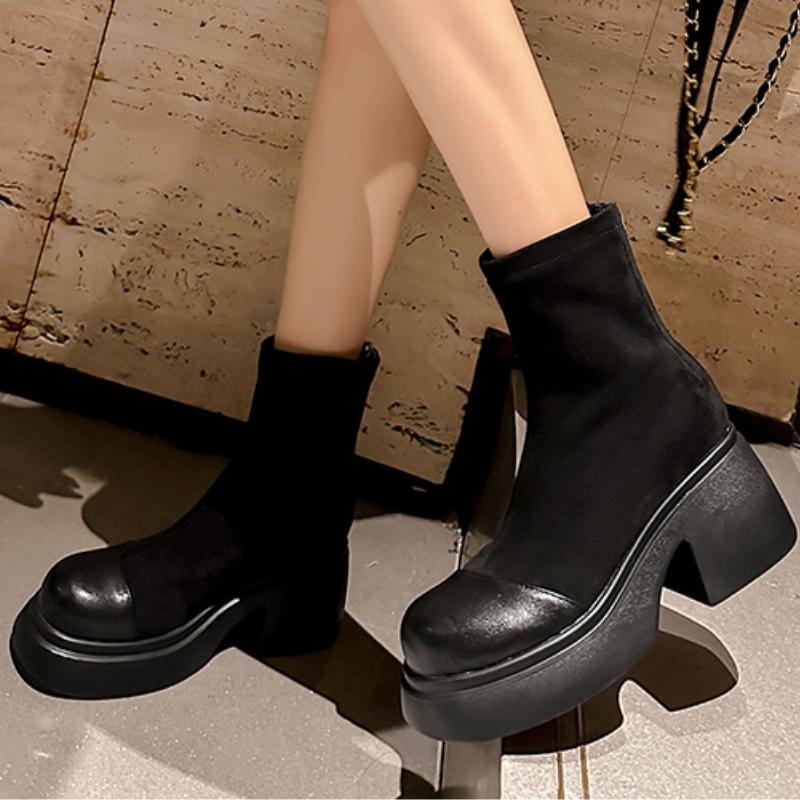 Dameskoletter Plattform Nye 2024 Tykksålede Blokkhæler Kort Støvlett For Damer Mote Flokk Svarte Høst Vinter Sko Kvinne