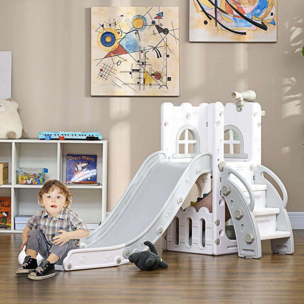 5-in-1 Kleinkinderrutsche mit Basketballkorb, Kletterelement, Teleskop, Aufbewahrungskorb, für Alter 1-3 Jahre, Grau