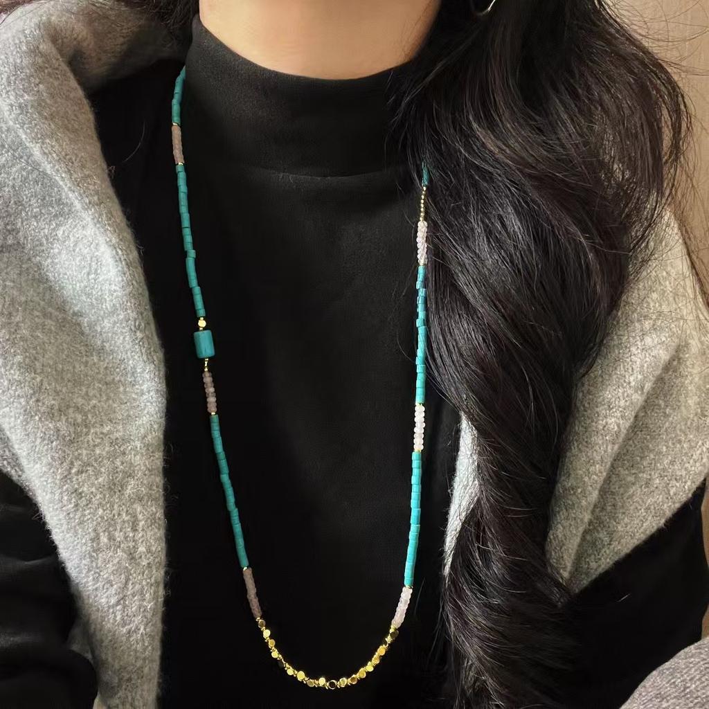 Vintage Design Powder Crystal Artificial Turquoise Sweater Chain Necklace Collarbone Chain