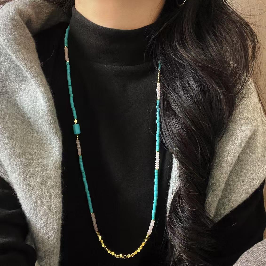 Vintage Design Powder Crystal Artificial Turquoise Sweater Chain Necklace Collarbone Chain