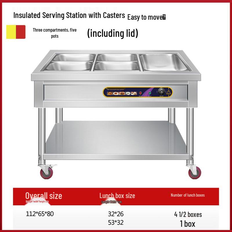 Stainless Steel Mobile Food Warming Table with Casters - Insulated Hot Dish Serving Cart