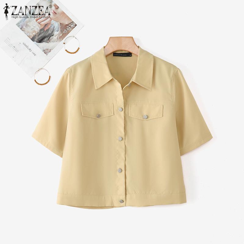 ZANZEA Women Casual Turn Down Collar Loose Summer Half Sleeve Blouse