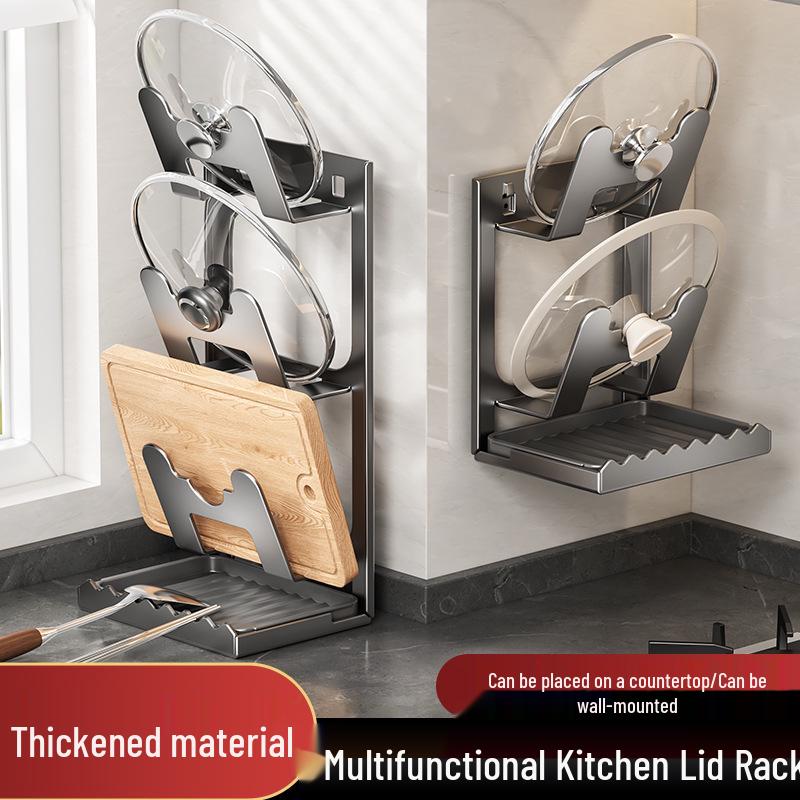 Wall-Mounted Kitchen Lid and Utensil Holder with Draining Tray Single-layer—Ivory