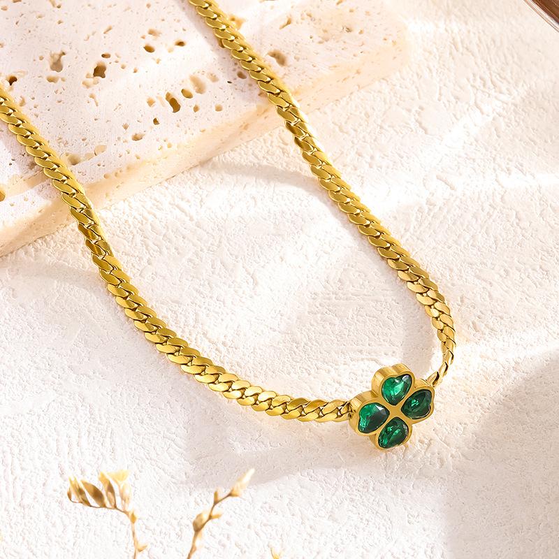 Emerald Four-Leaf Clover Zircon Bracelet & Clavicle Necklace with Titanium Steel Earrings for Women - Fade-Resistant