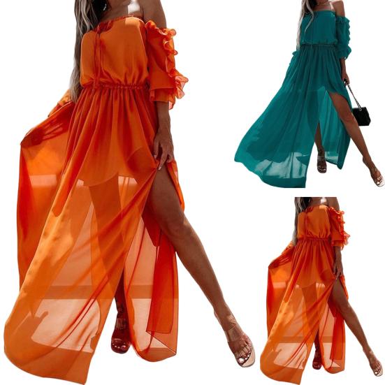 Strandkleid Perspektive Doppellagig Dreiviertelärmel Schulterfrei Durchsichtiges Mesh Maxi