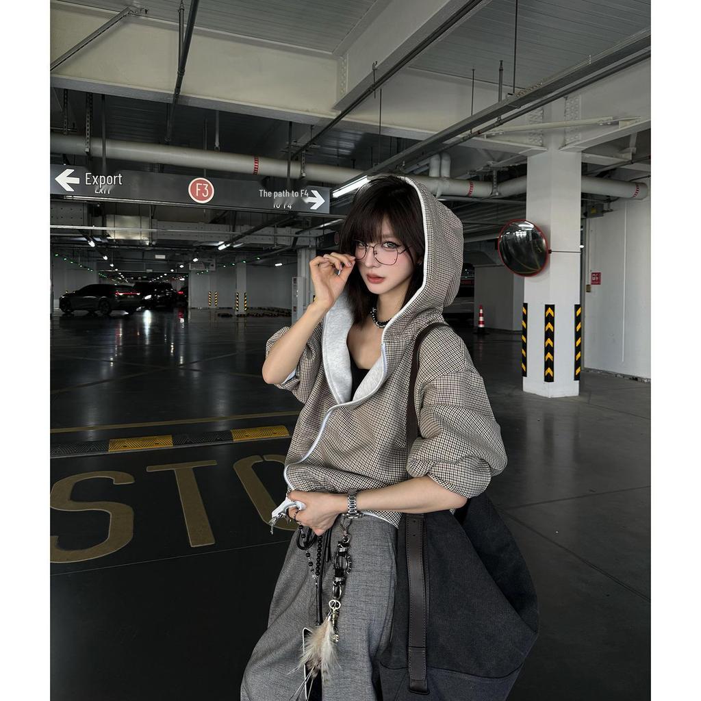 Houndstooth Double-Sided Hoodie Cardigan for Men & Women - Autumn Heavyweight Plaid Short Jacket