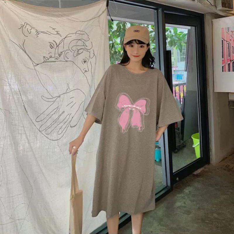 Frühlings- und Sommer Kurzarm Umstandskleid Locker zur Bauchbedeckung Mittellang Überknie Schlitz T-Shirt Kleid