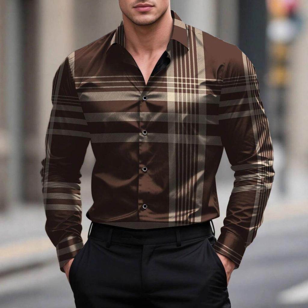 Men Lapel Long Sleeve Shirt Contrast Plaid Check Print Single Breasted Button Slim Business Casual Dress Blouse