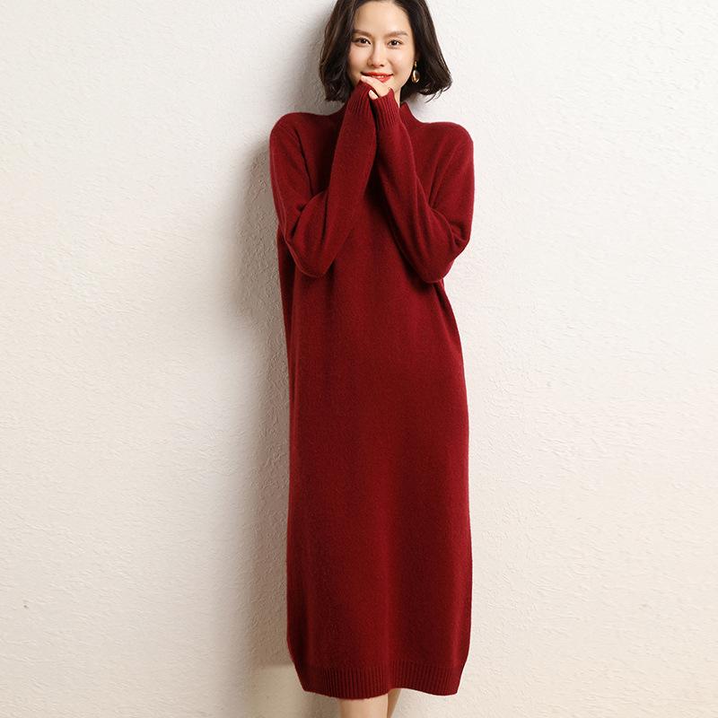 Fall/Winter Cashmere Over-the-Knee Long Skirt Dress with Half-High Collar – Loose, Casual Knit Style